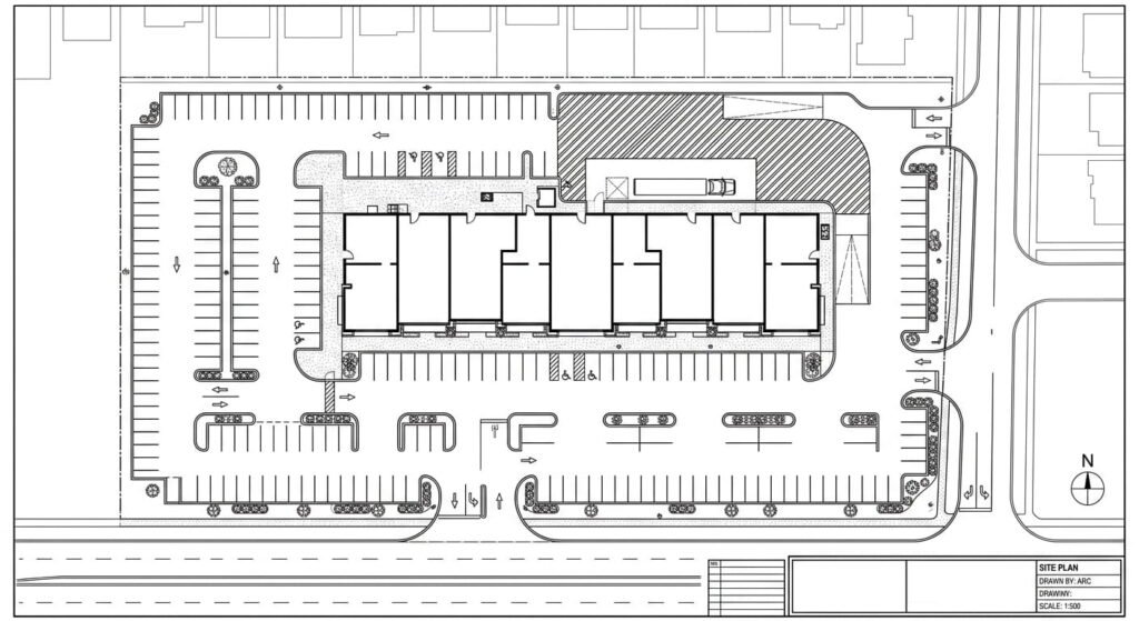 Site planning drawing for a commercial plaza in Milton Ontario
