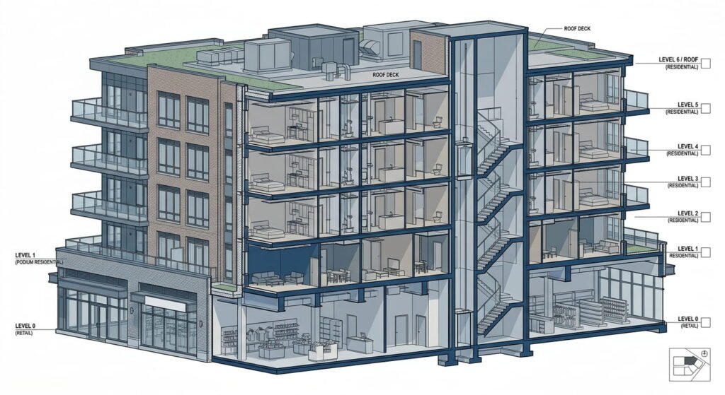 Mixed use building section showing retail space below residential floors