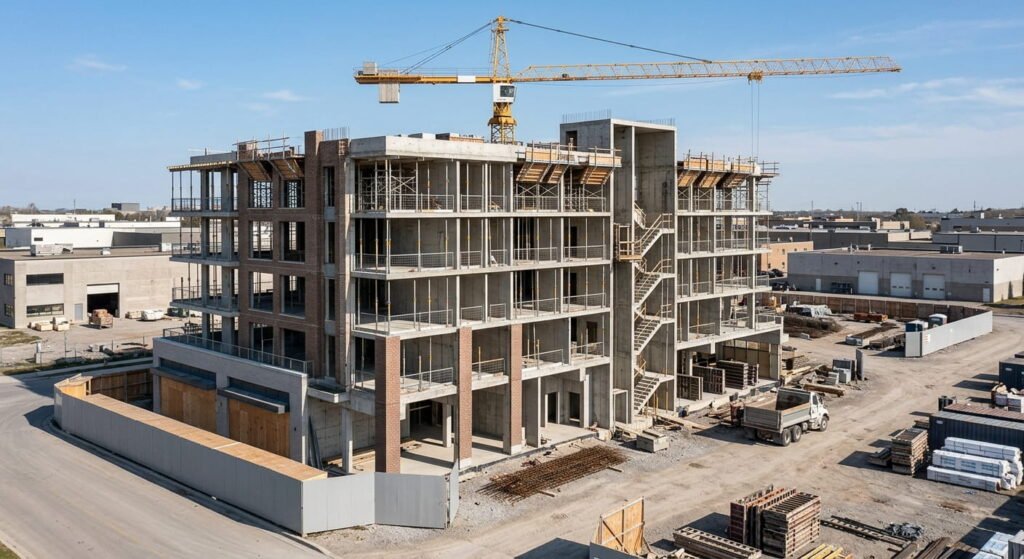 Commercial construction underway on a mixed-use development podium