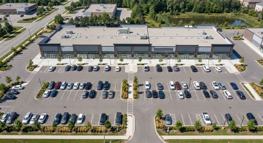 Aerial view of commercial plaza construction site with surface parking and unit frontages