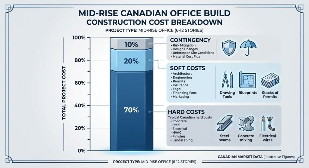 Office construction budget breakdown chart for a Canadian mid-rise building