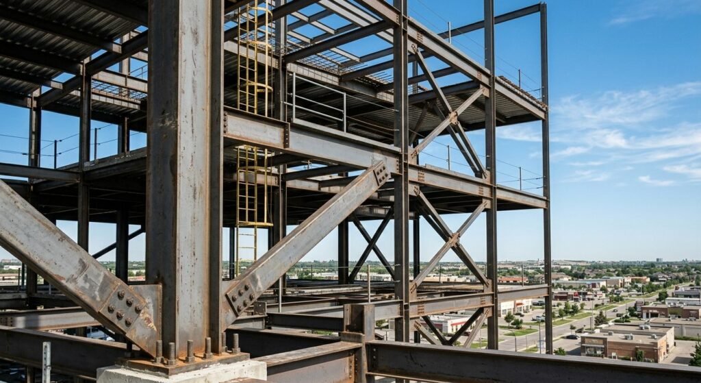 Structural steel frame being erected on an office construction site