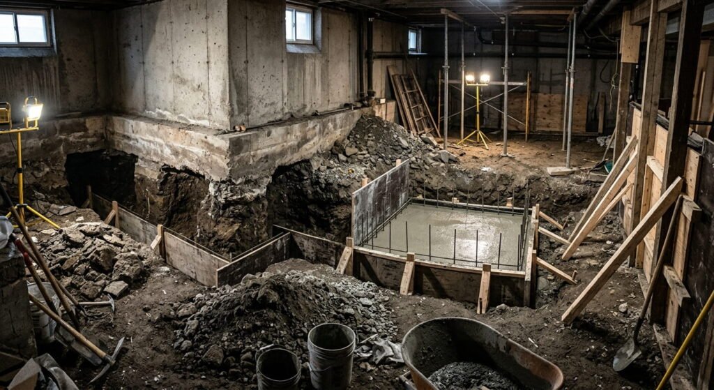 Basement underpinning construction in an Ontario home