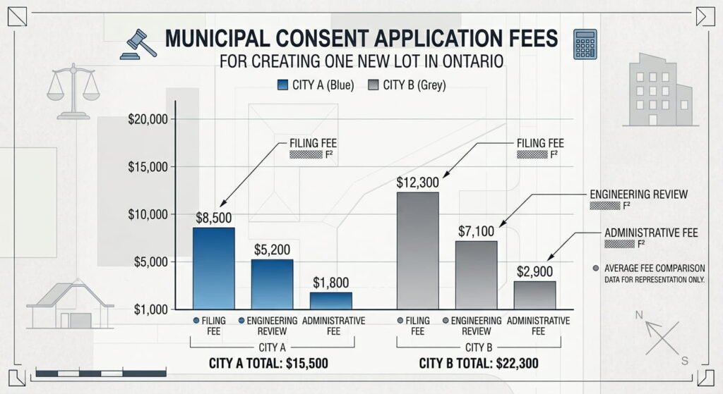 Land severance cost chart comparing Toronto and Mississauga consent fees