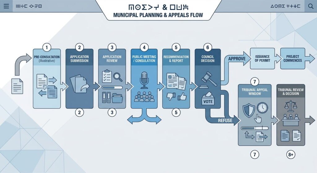 Planning Act Ontario rezoning flowchart from application to tribunal appeal