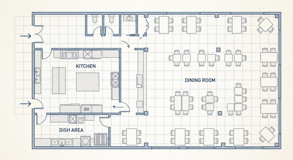 Restaurant layout floor plan showing kitchen and dining zones