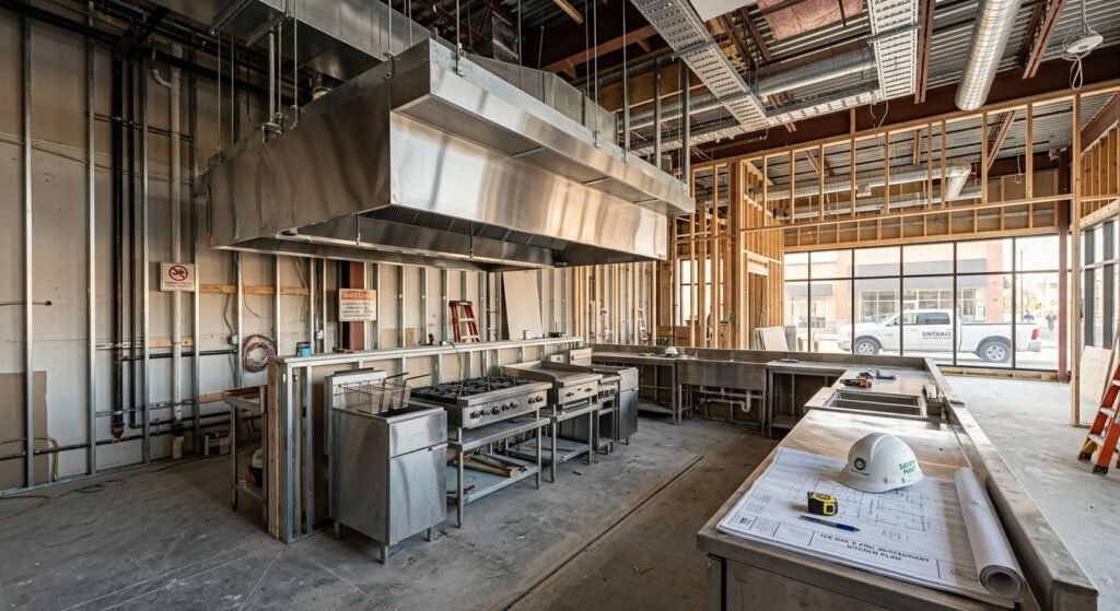 Restaurant construction in Canada showing kitchen exhaust installation and dining area framing