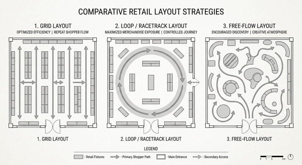 Store layout floor plan diagram comparing grid, loop and free-flow