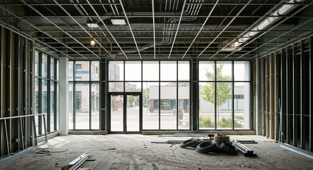 Retail store construction in progress inside an Ontario plaza unit