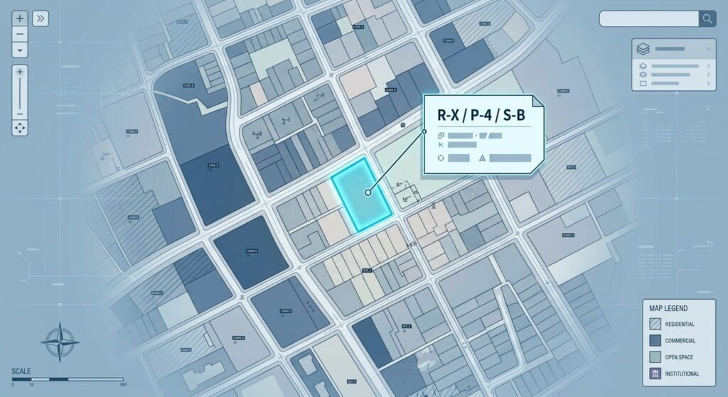 Ontario zoning map showing a highlighted property lot and its zone classification"