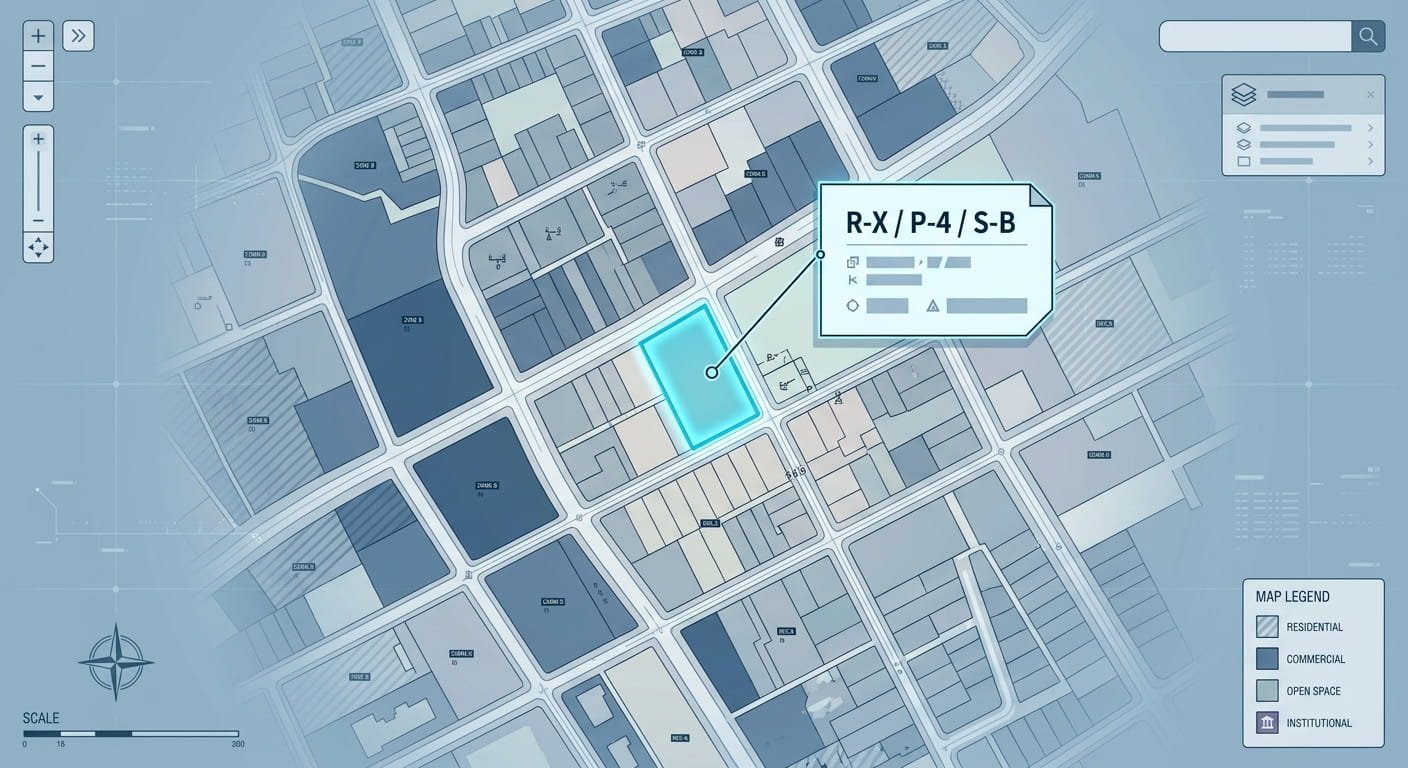 Ontario zoning map showing a highlighted property lot and its zone classification"