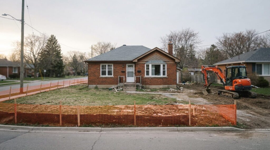Ontario house prepared for safe demolition with safety fencing on site