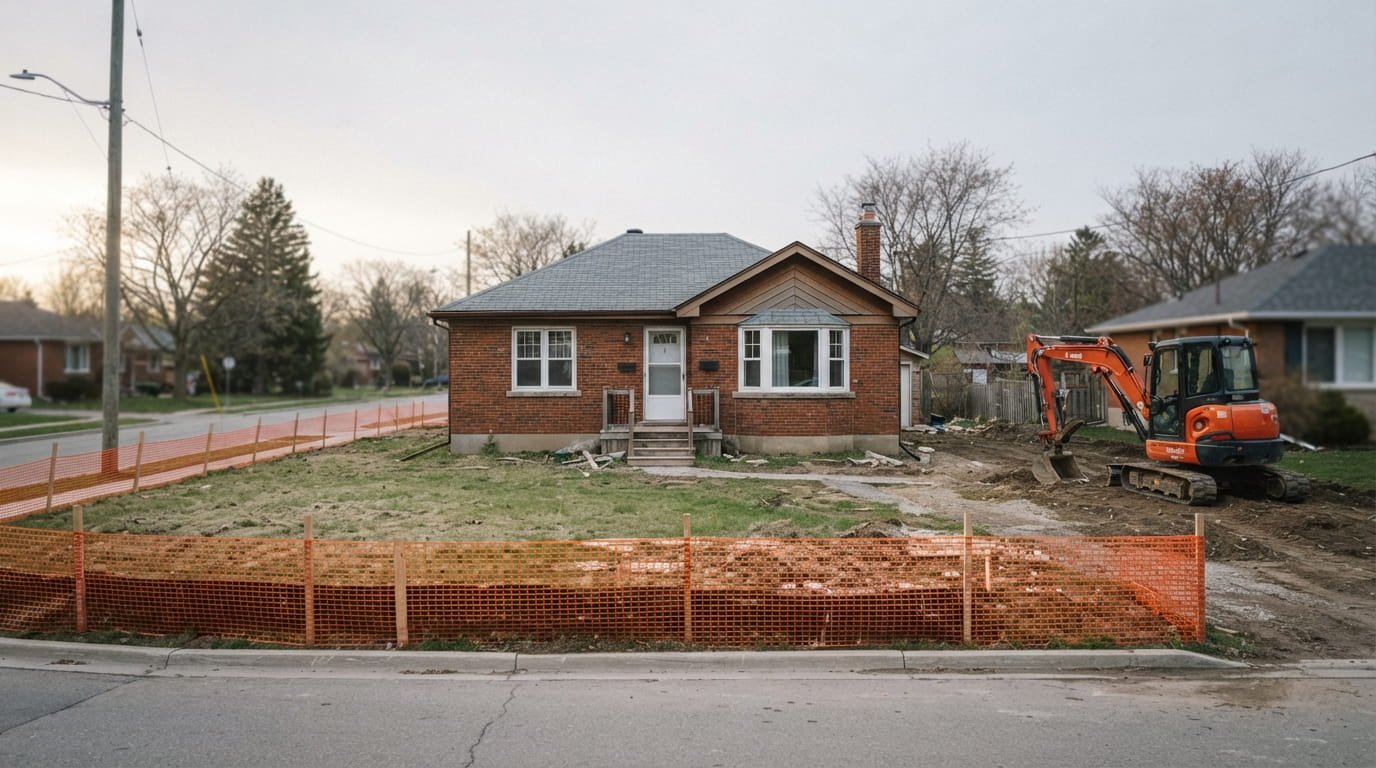 Ontario house prepared for safe demolition with safety fencing on site