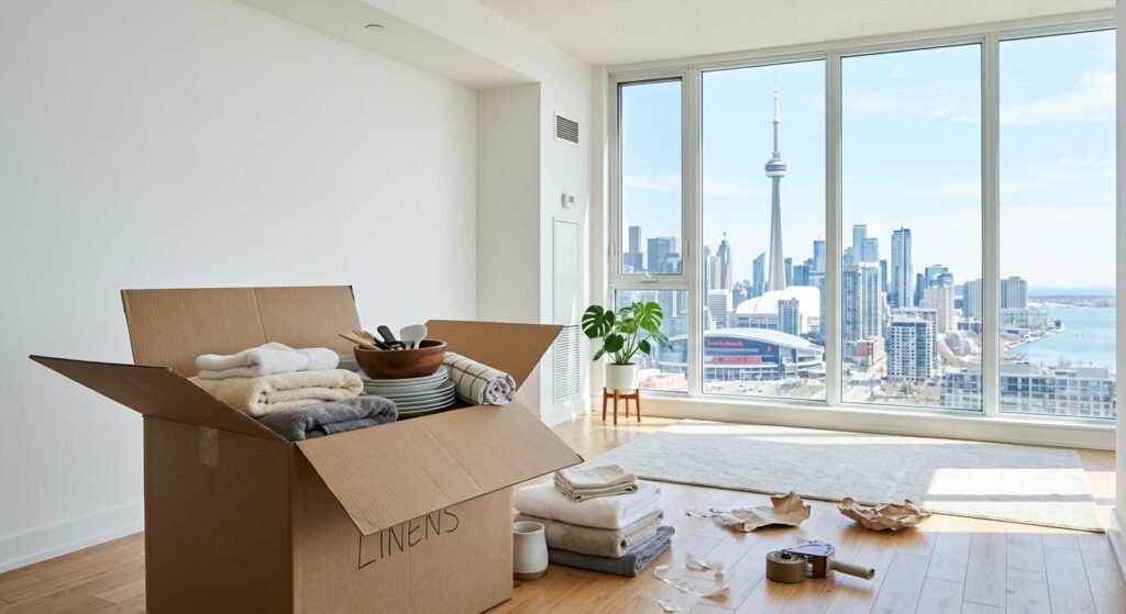 Unpacking after a move to Toronto in a new home