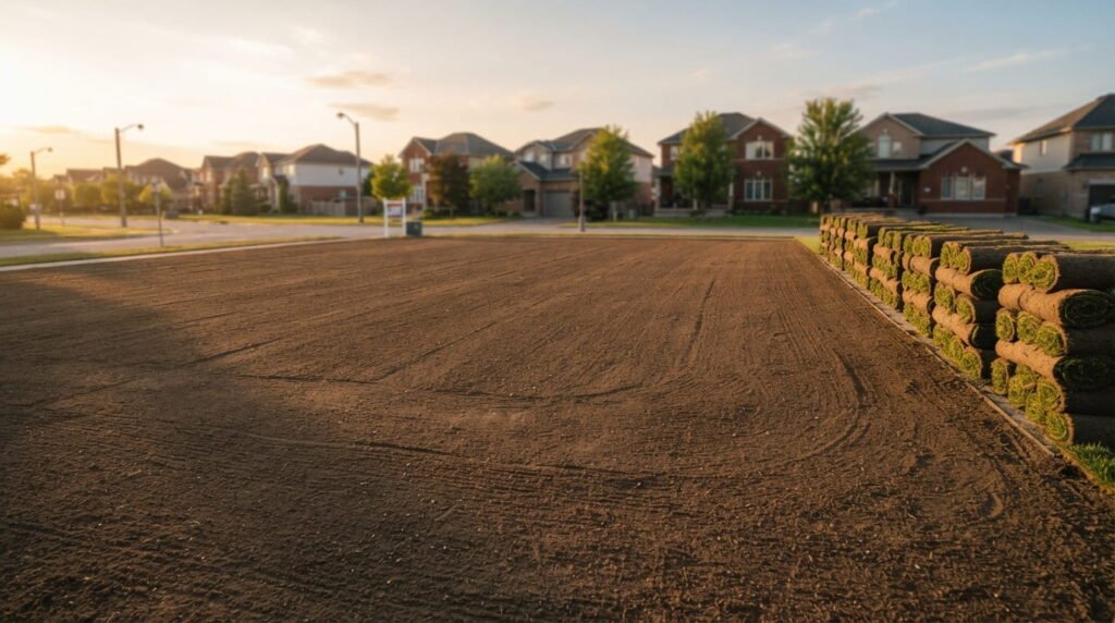 Graded empty lot after house demolition in Ontario