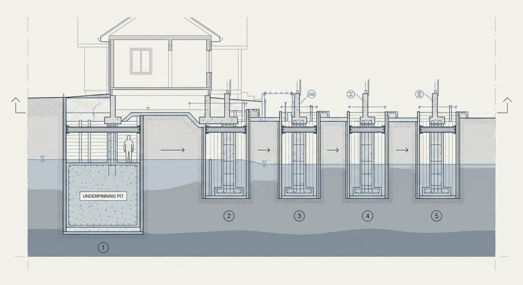 Basement underpinning pit sequence beneath an existing house footing