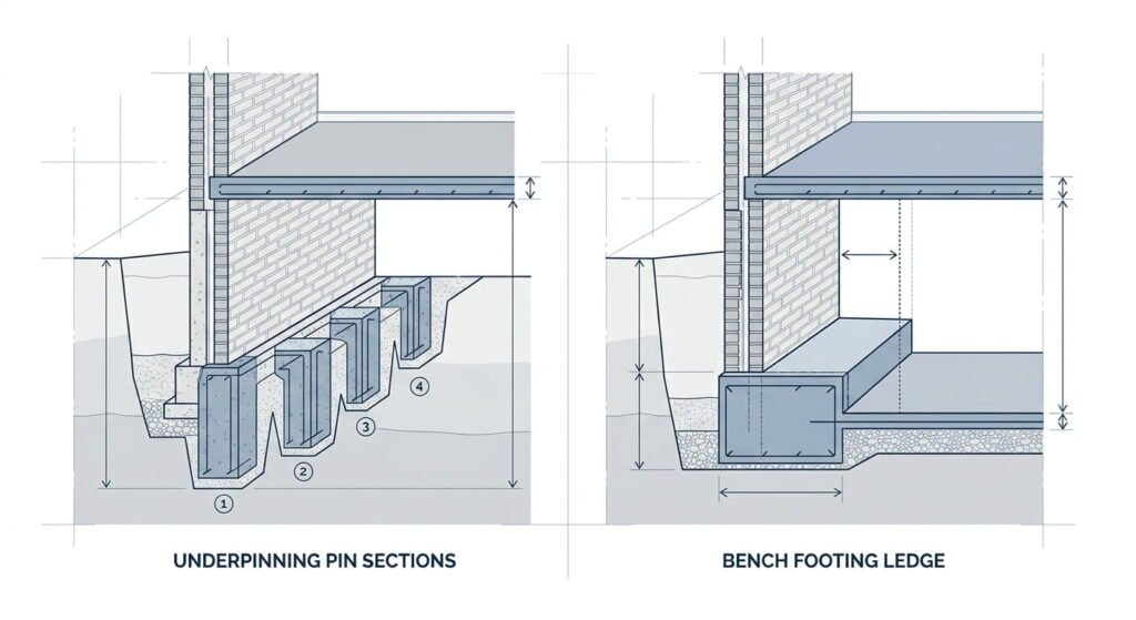 Basement underpinning cross-section compared with a bench footing ledge