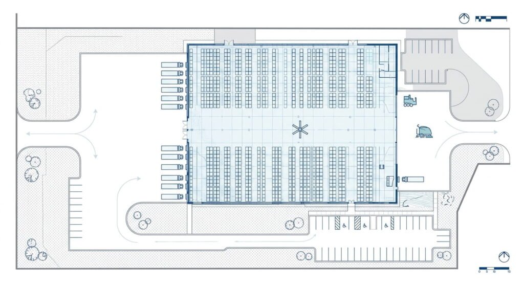 Warehouse construction site plan showing truck court and loading docks