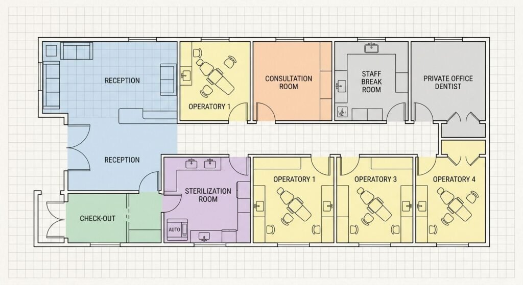 Dental office renovation floor plan showing operatory and sterilization zones