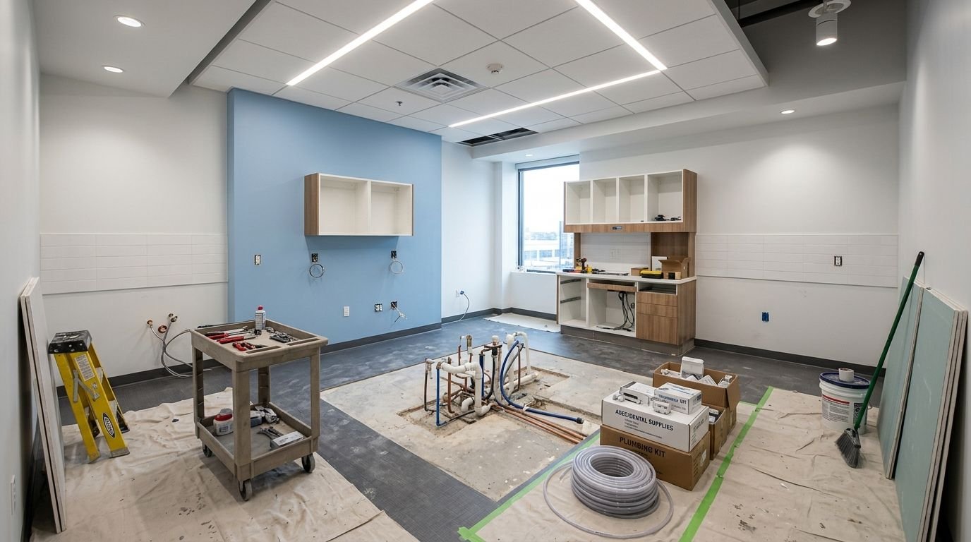 Dental office renovation showing operatory plumbing and vacuum line rough-in