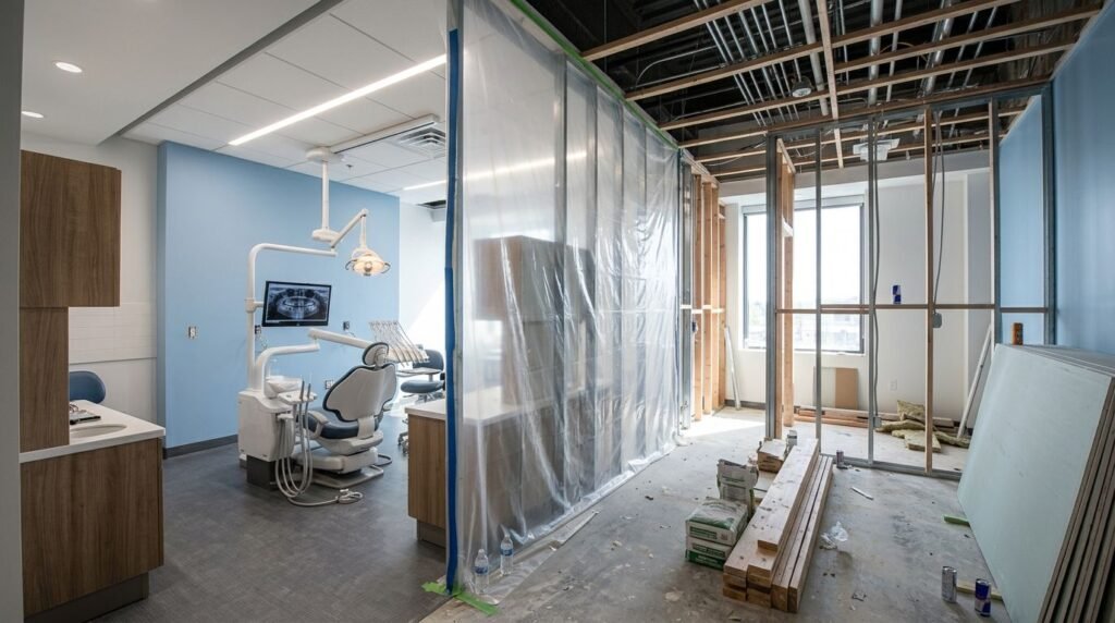 Phased dental office renovation with dust barrier protecting active operatories