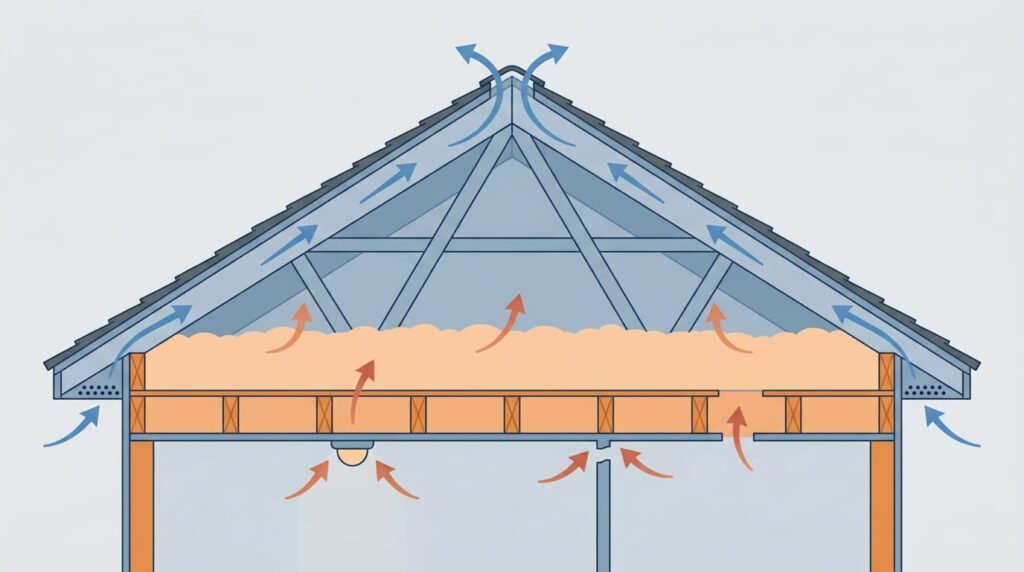 Attic insulation and roof ventilation diagram preventing winter ice dams