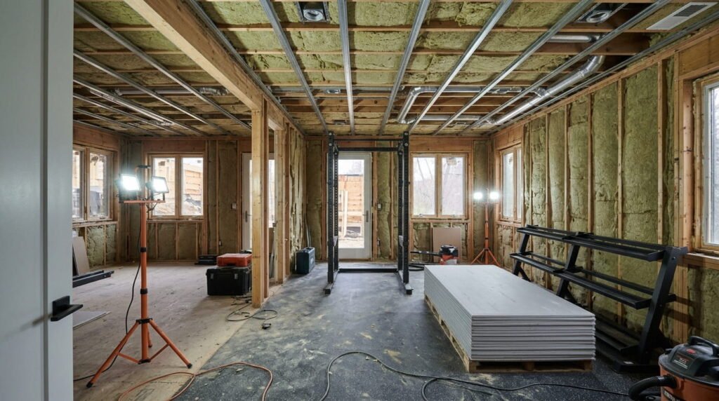 Basement ceiling with joist insulation and resilient channel for gym sound control