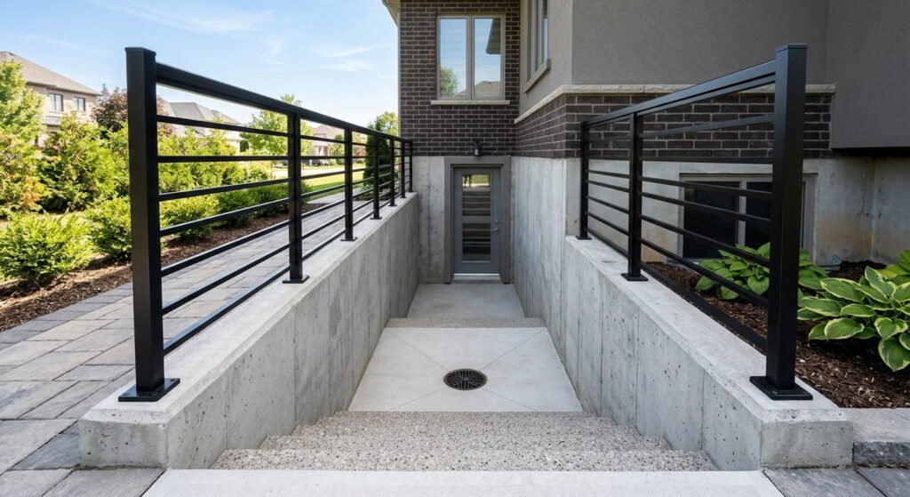 Retaining wall construction and outdoor stair railings at basement entrance