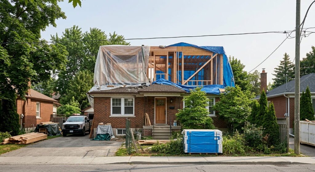 Second storey addition framing on an Ontario bungalow under construction