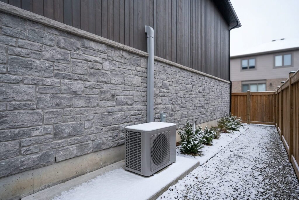 HVAC installation with a cold climate heat pump beside a GTA custom home with stone and cedar cladding