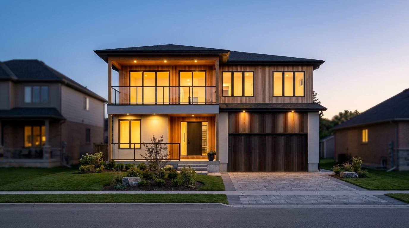 Completed two-storey modern custom home at dusk showing the cost to build a custom home in the GTA