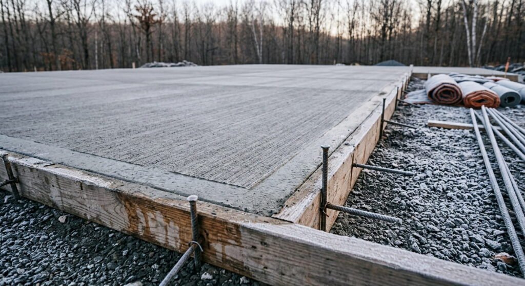 Freshly finished concrete slab for an Ontario garage in cold weather