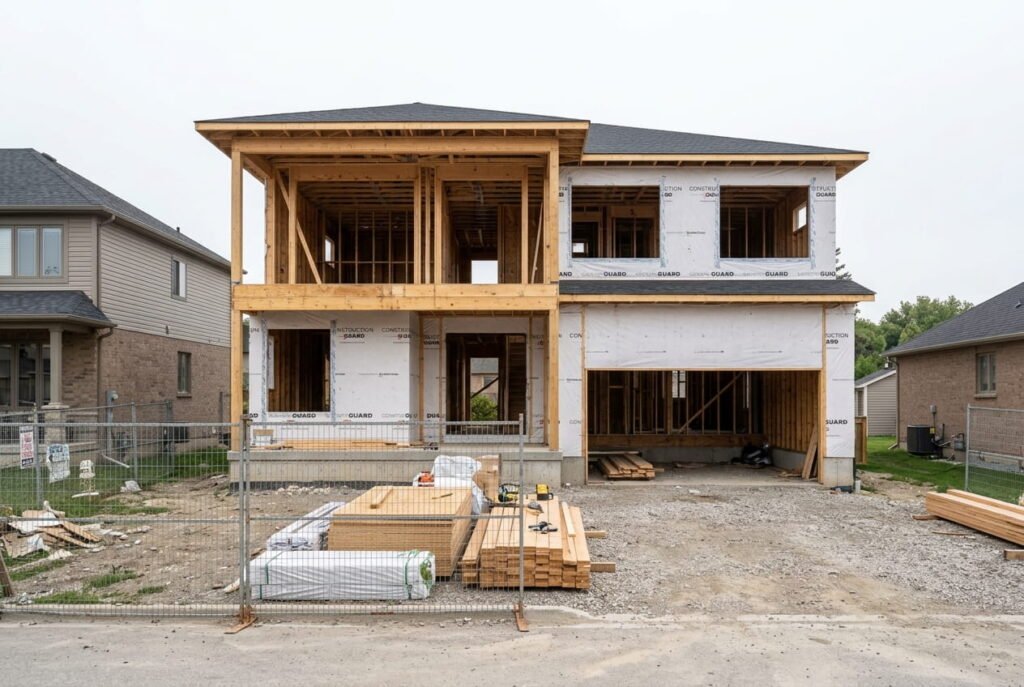 Framed two-storey custom home on a narrow lot, showing cost per square foot to build a house in Mississauga