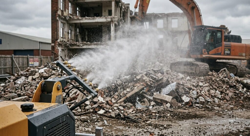 Dust suppression with water misting at a demolition site