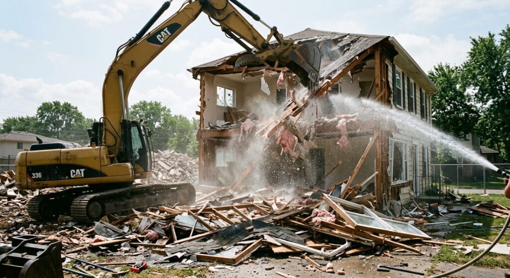 Heavy equipment performing a house demolition with dust control