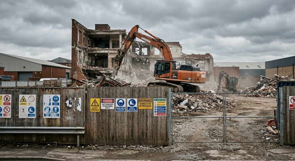 Demolition safety checklist site with fencing and signage