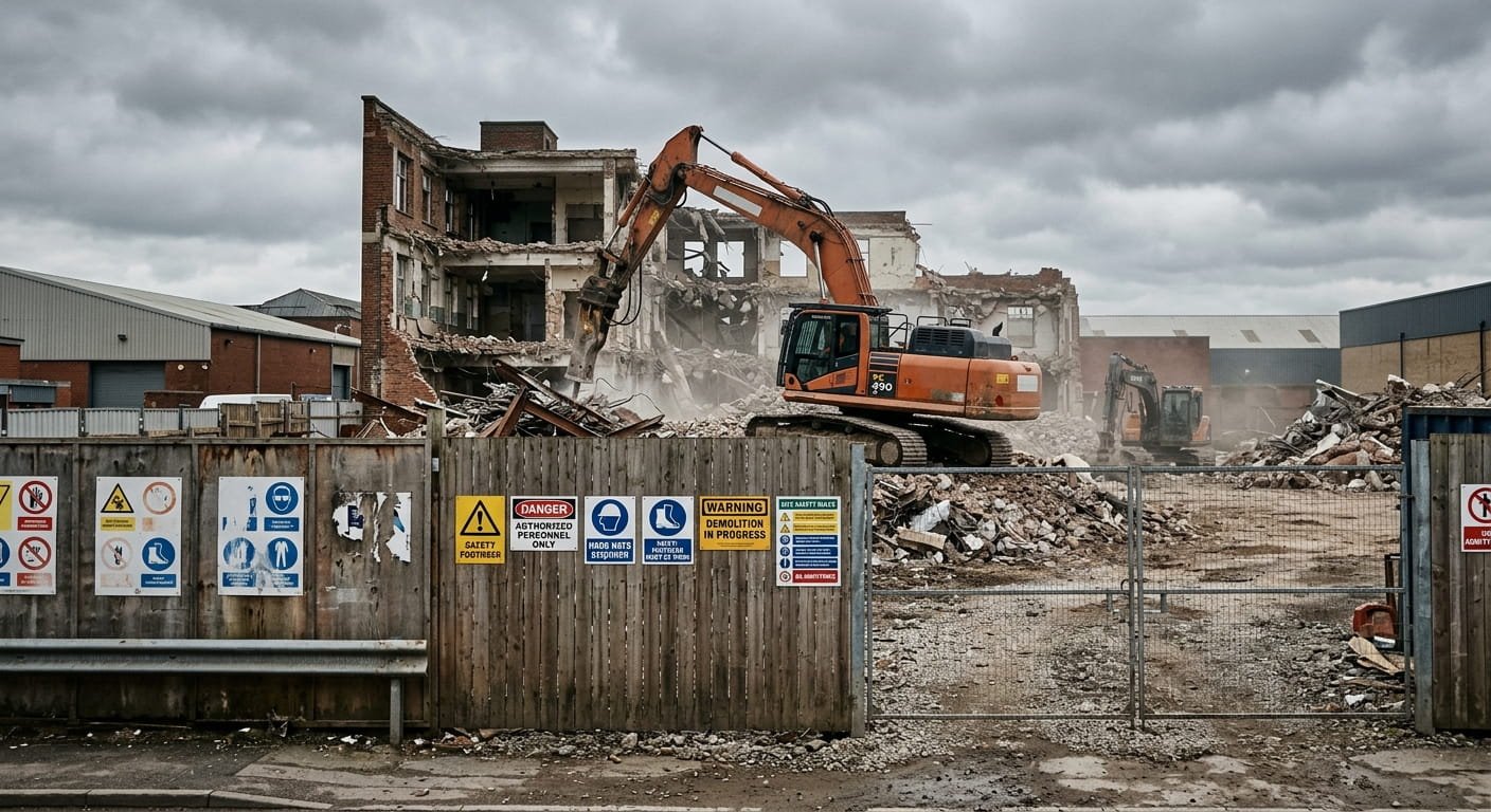 Demolition safety checklist site with fencing and signage