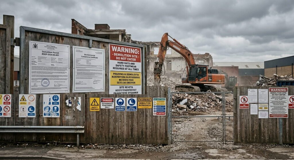 Demolition safety fencing and warning signage around an Ontario site