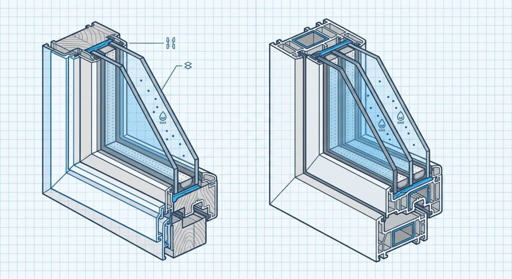 Triple pane windows compared with double pane glass cutaway