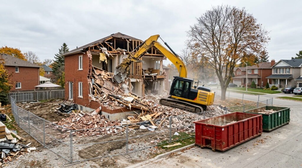 Excavator and demolition equipment tearing down a brick house in Ontario (