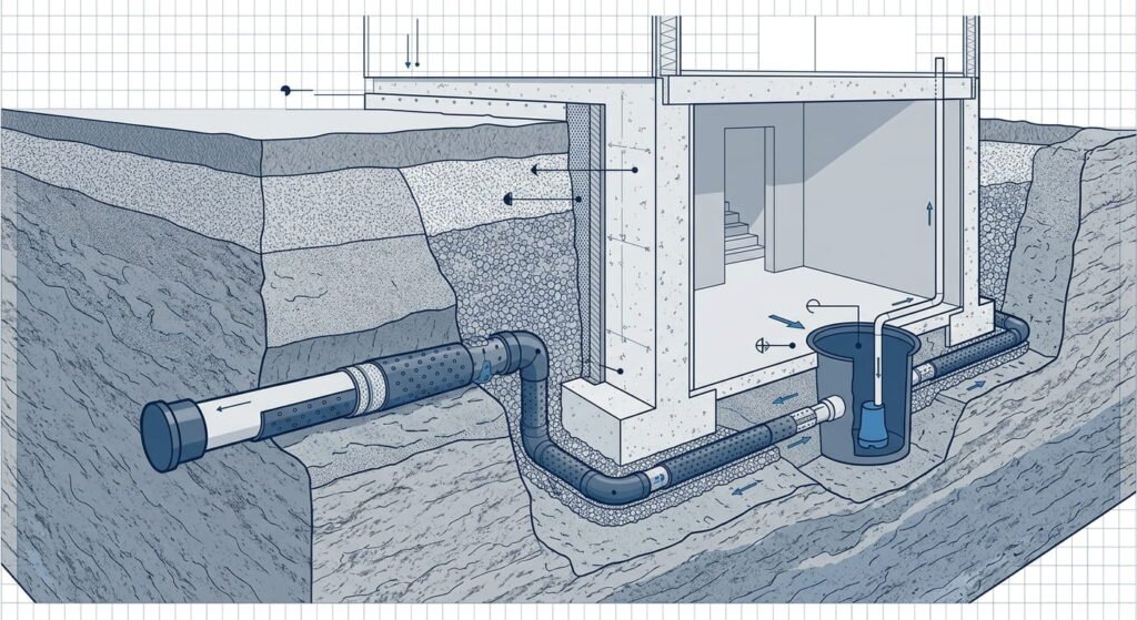 Foundation drain severance and sump pit diagram for basement flood protection