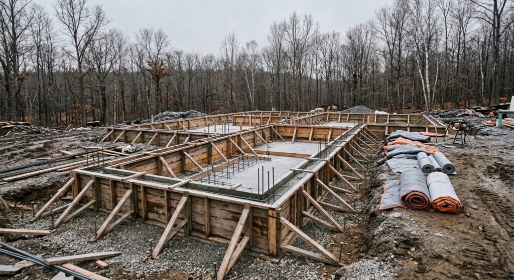 Concrete pouring into foundation forms with insulated blankets in Ontario