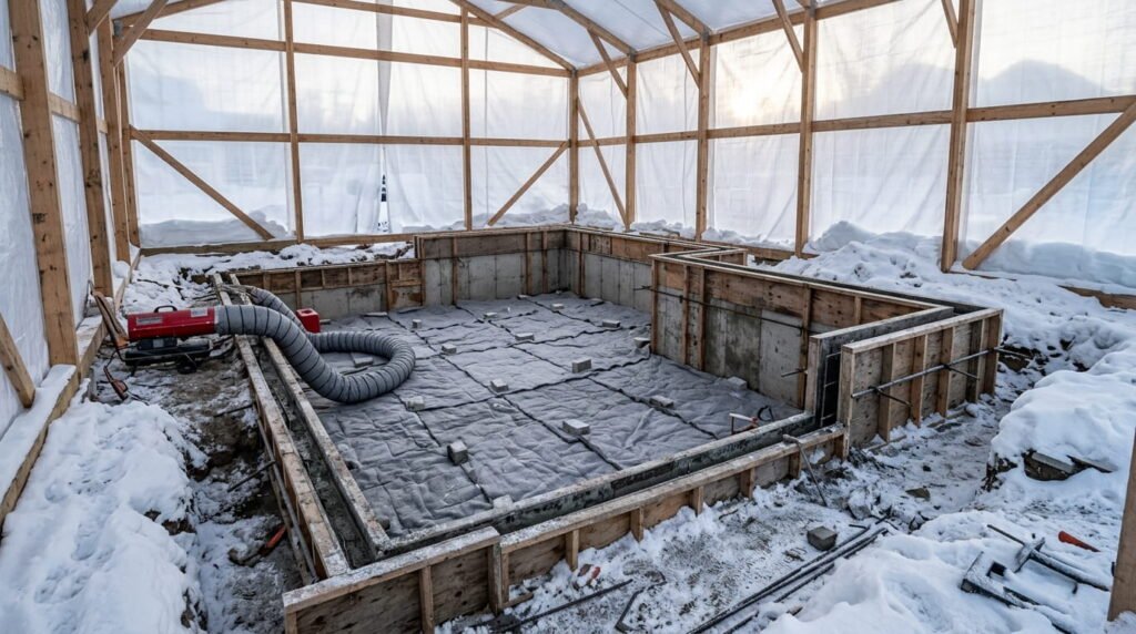 Frost protection blankets covering a foundation during winter construction in Ontario