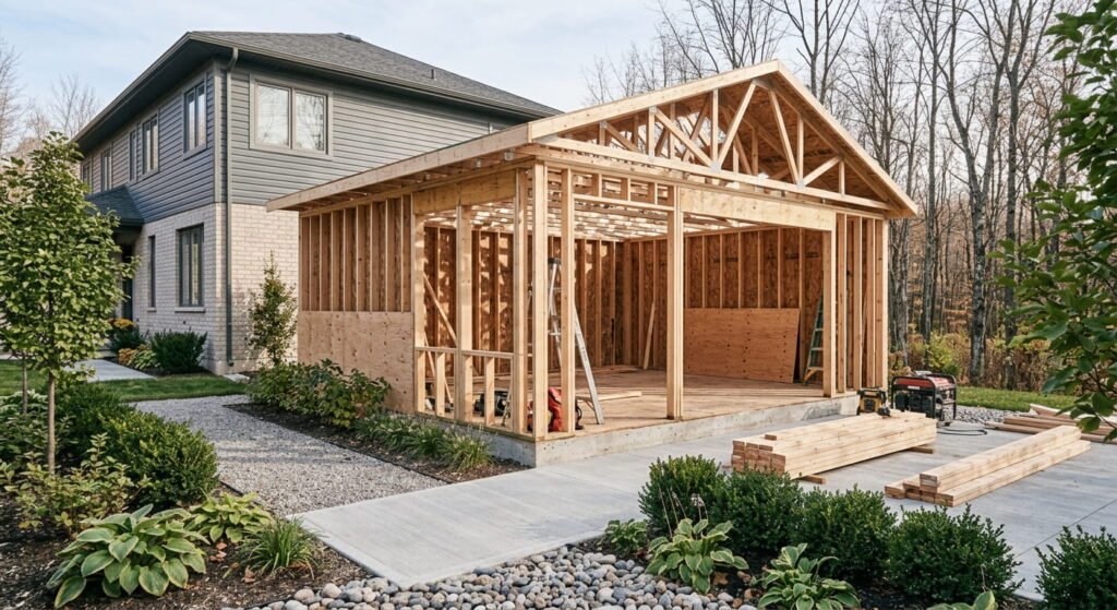 Framing stage of a garden suite in a Mississauga backyard