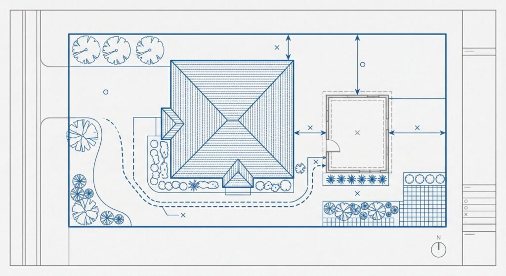 Garden suite site plan showing setbacks and fire access path in Mississauga
