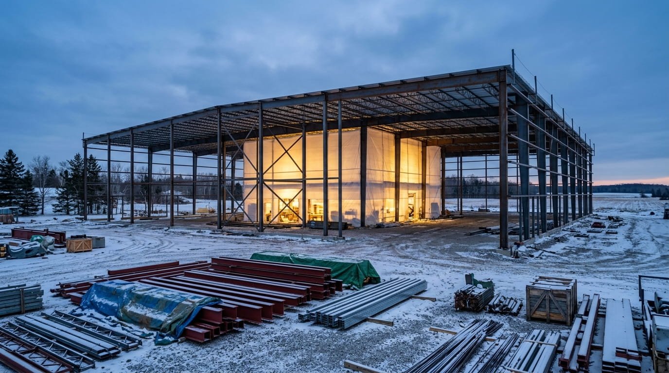 Warehouse steel frame with poly hoarding on a snowy Ontario construction site