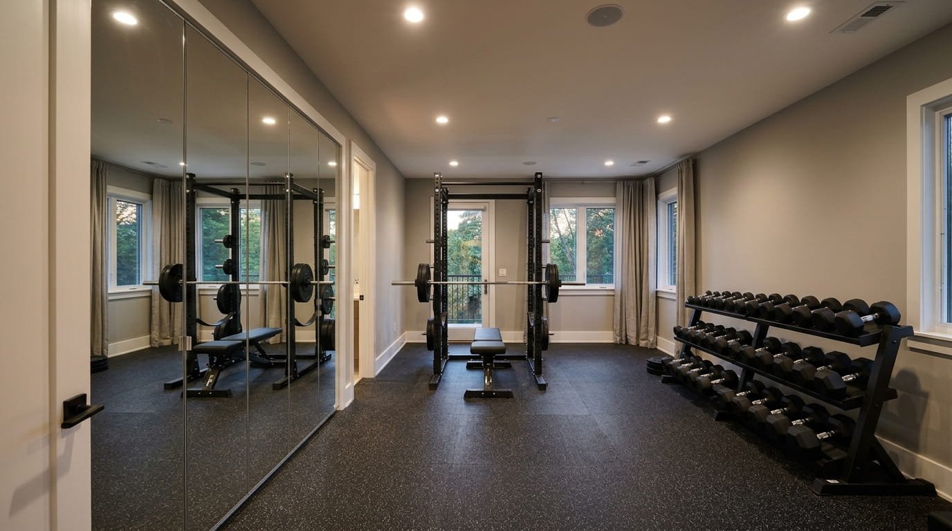 Finished basement home gym with rubber flooring, squat rack and mirror wall