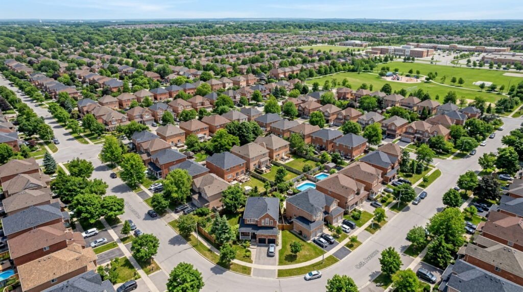 Aerial view of Ontario residential lots showing homes and property boundaries for zoning review