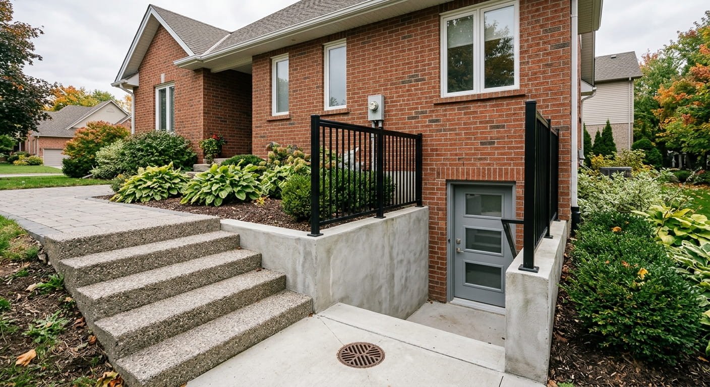 Separate basement entrance with stairs and guard rail on an Ontario home