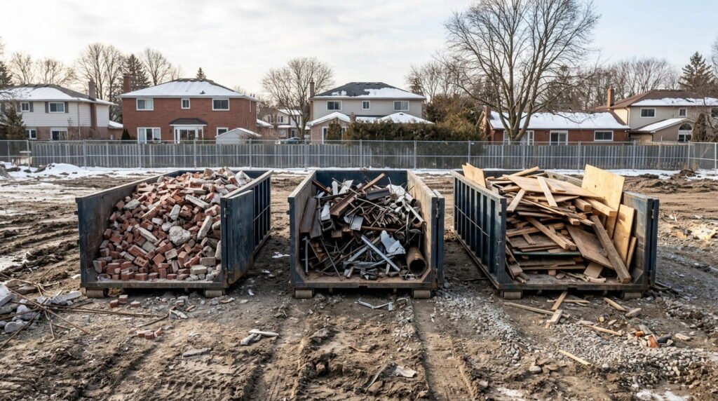 Roll-off bins sorted with brick, concrete, metal and wood at an Ontario house demolition site